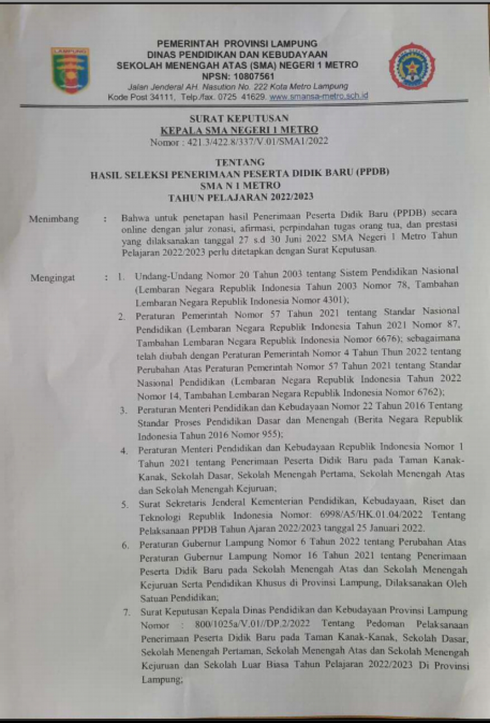 Hasil Seleksi Penerimaan Peserta Didik Baru SMAN 1 Metro TP 2022/2023