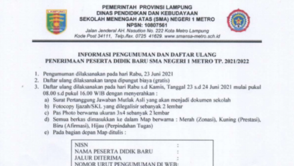 Pengumuman Penetapan Hasil Seleksi Dan Informasi Daftar Ulang PPDB SMAN 1 Metro