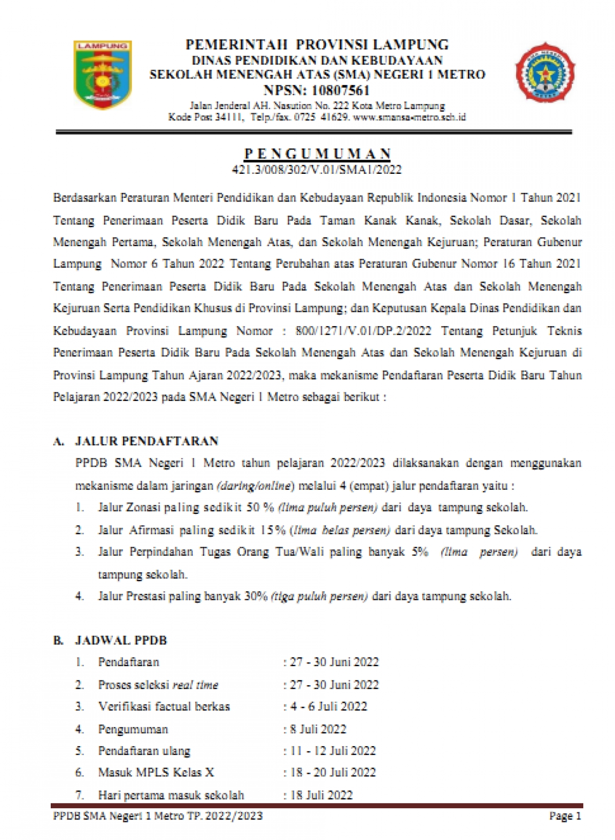 Pengumuman Penerimaan Peserta Didik Baru TP. 2022/2023
